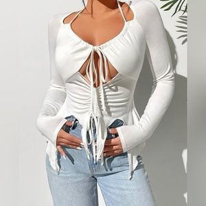 SHEIN Cut Out Tie Front Drawstring Knot Crop Tee